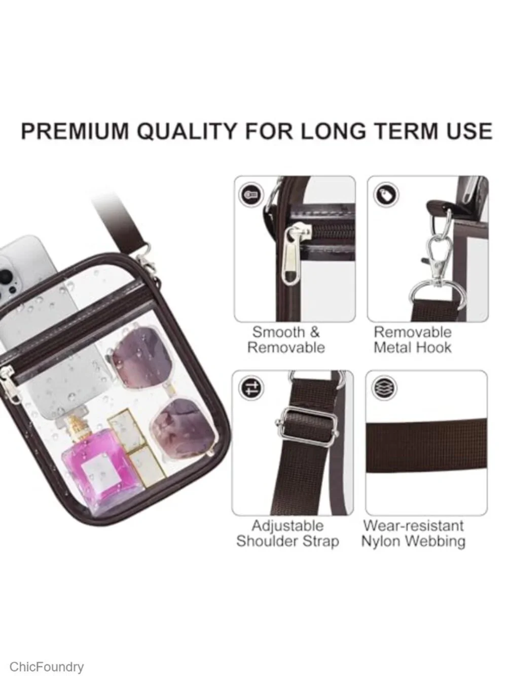 Clear Crossbody Bag for Stadium Events, Waterproof PVC Purse with Removable